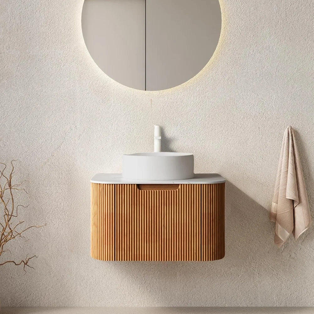 24 Inch Solid Wood Texture Floating Bathroom Vanity with Sink, Modern Wall-Mounted Striped Bathroom Storage Cabinet with White C