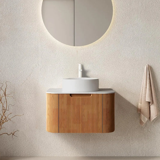 24 Inch Solid Wood Texture Floating Bathroom Vanity with Sink, Modern Wall-Mounted Striped Bathroom Storage Cabinet with White C