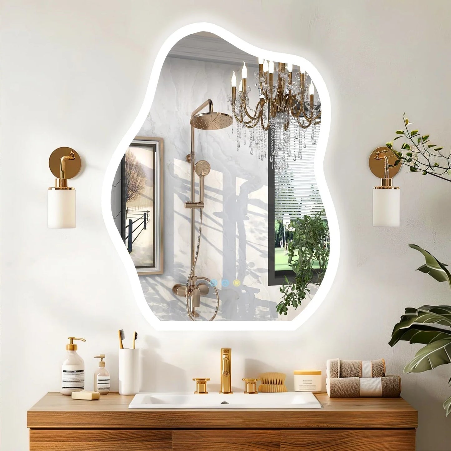 600x80CM Cloud-shape LED Bathroom Mirror with Backlight Dimmable LED Wall Vanity Mirror Touch Anti-fog, Adjustable 3 Colors