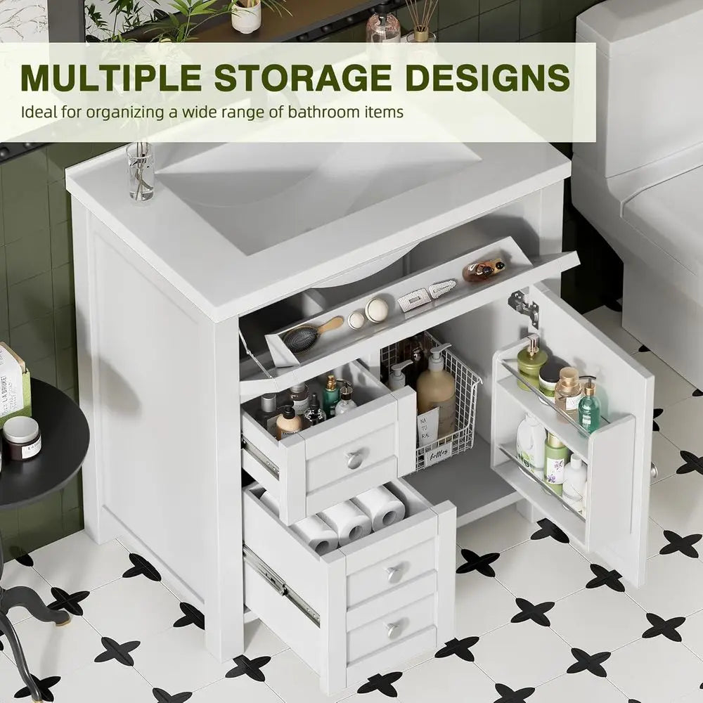 30-inch White Freestanding Bathroom Vanity with Single Sink, 2 Drawers, 1 Drop-Down Drawer, and Side Storage Cabinet