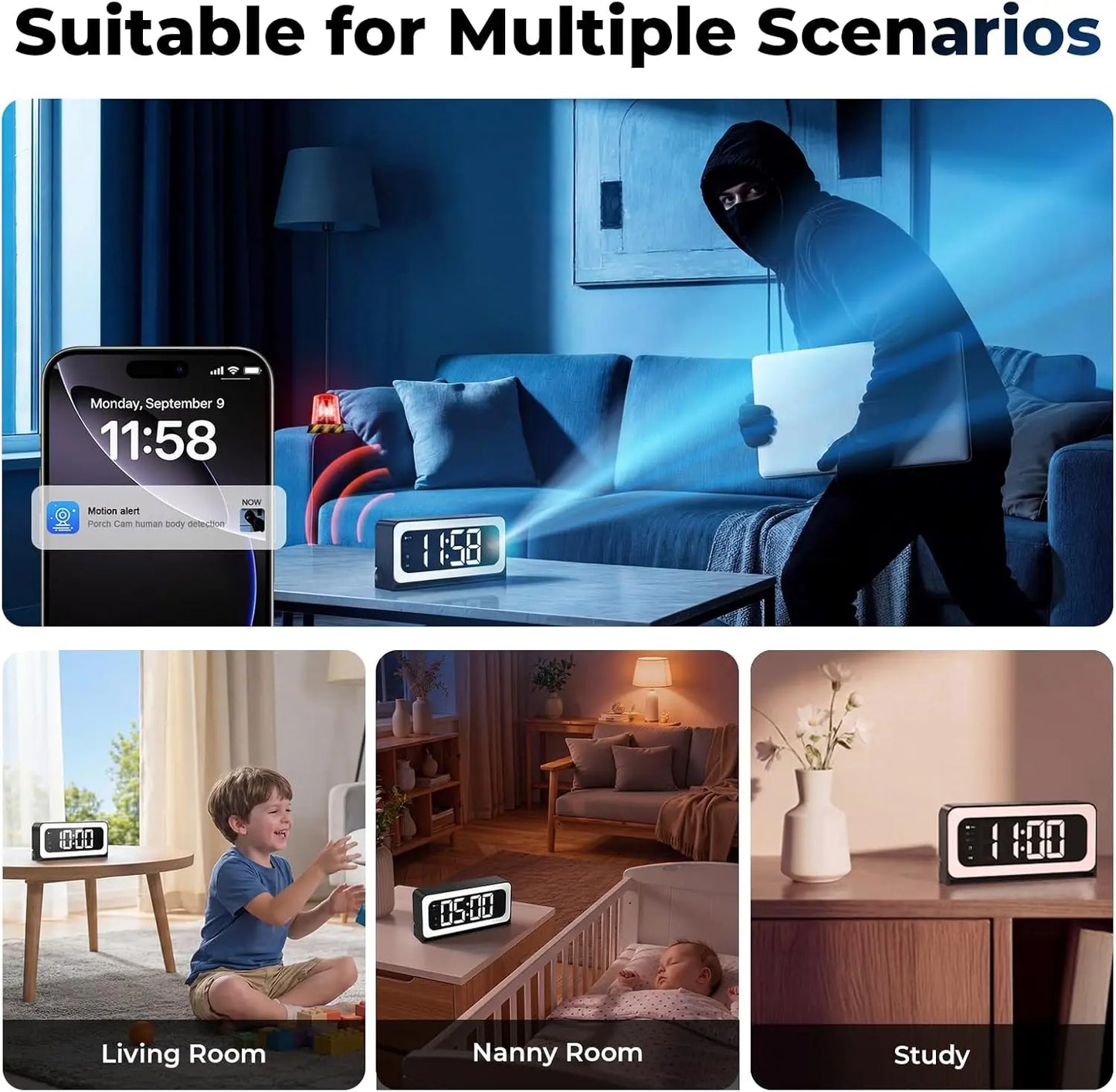 Wesecuu Smart Clock Camera, 2K Indoor Cameras for Home Security, Nanny Camera 5G WiFi Security Cameras Wireless, Two-Way Talk,