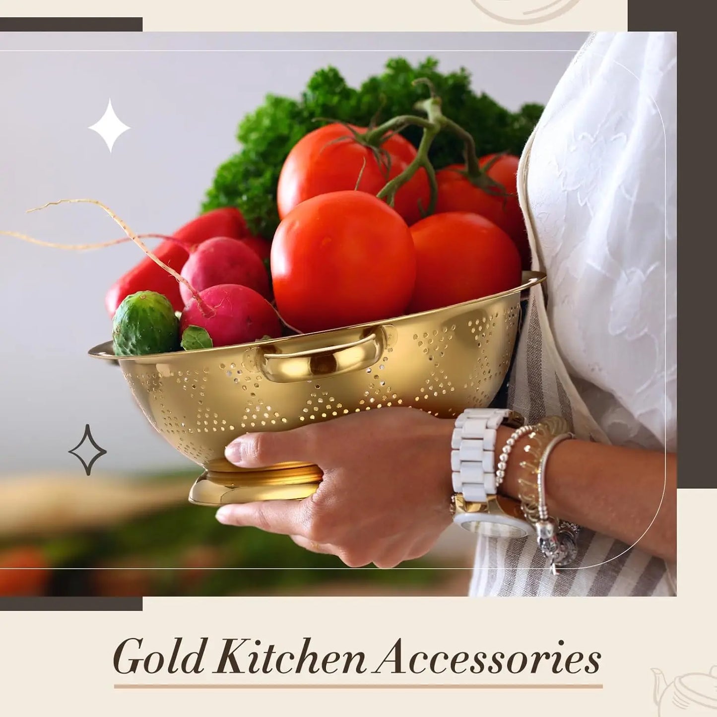 4 Pcs Gold Kitchen Accessories Includes Stainless Steel Colander and 3 Pcs Gold Fine Mesh Strainer Essential Kitchen Col