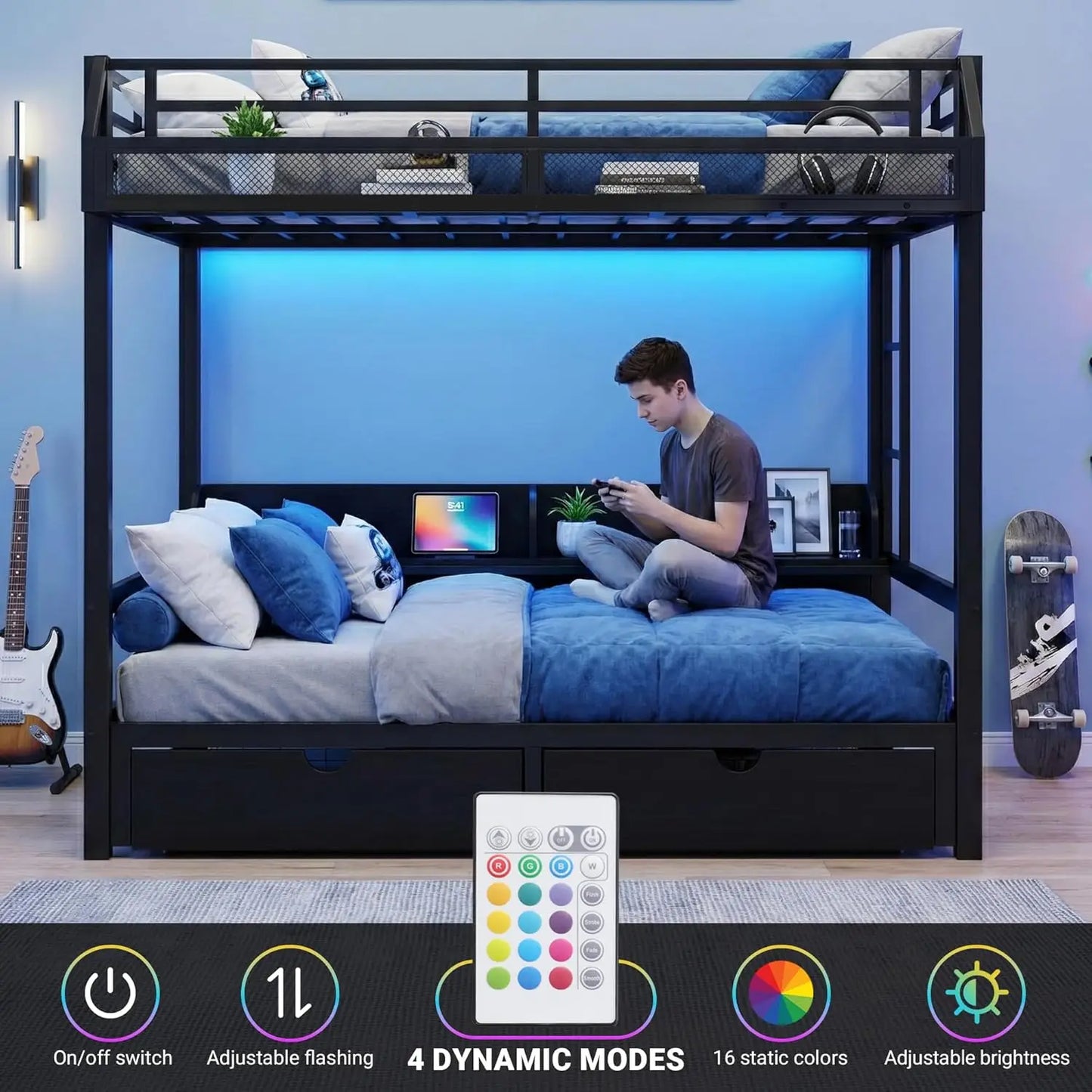 Queen Over Queen Bunk Bed Storage Drawers Guardrail Basket Charging Station LED Loft Teens Dorm Noise-Free Customized
