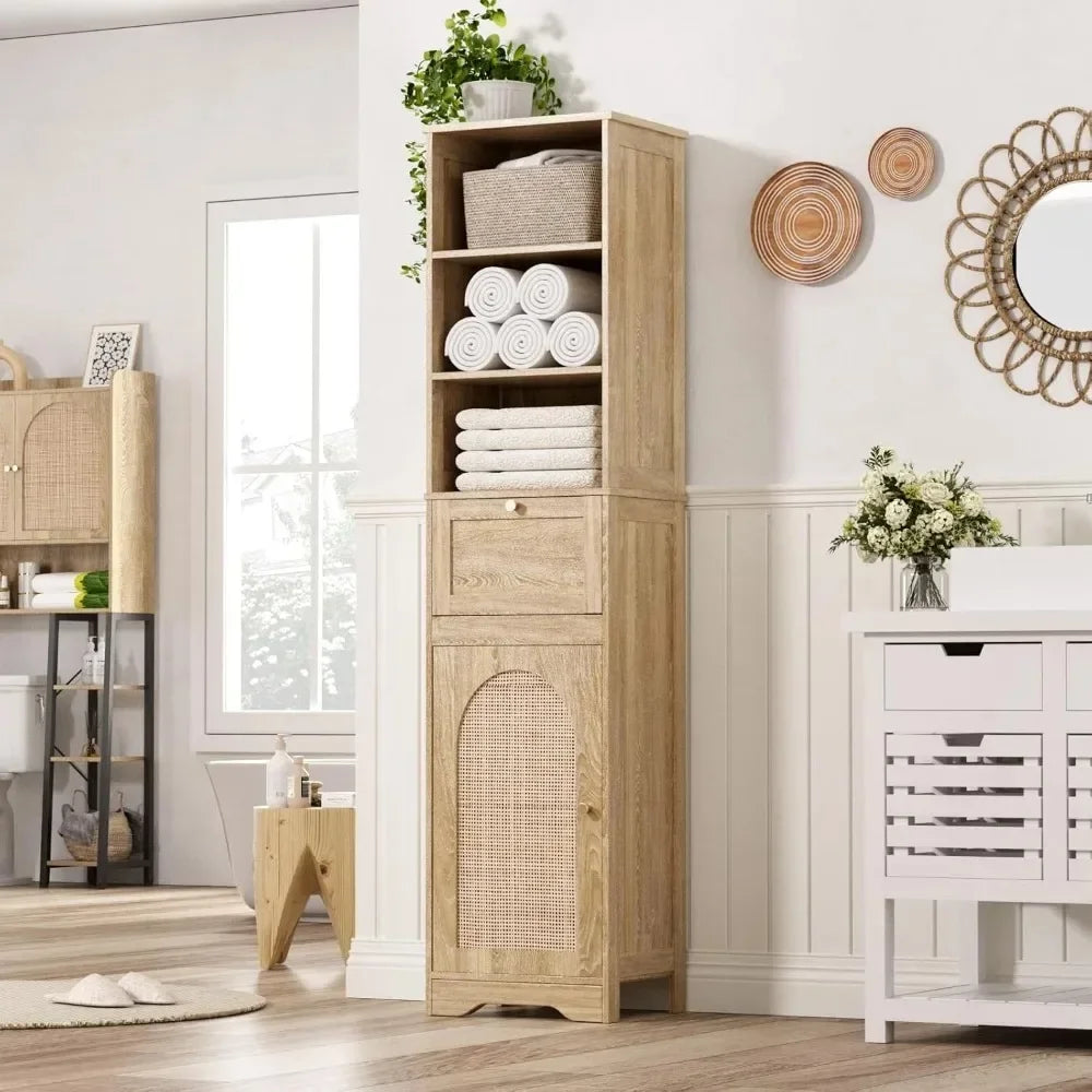 67-inch Tall Natural Rattan Sliding Bathroom Cabinet with Adjustable Shelves