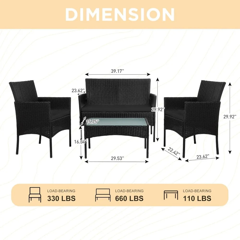 4 Piece Outdoor Wicker Patio Conversation Furniture Set, Rattan Chair Wicker Sofa Garden Conversation Sets with Cushion and Gla