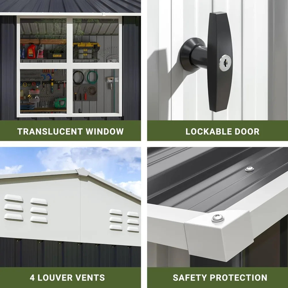 10X12 FT Metal Outdoor Storage Shed with Window, Heavy-Duty Galvanized Steel Garden Shed with Lockable Doors and 4, Customized