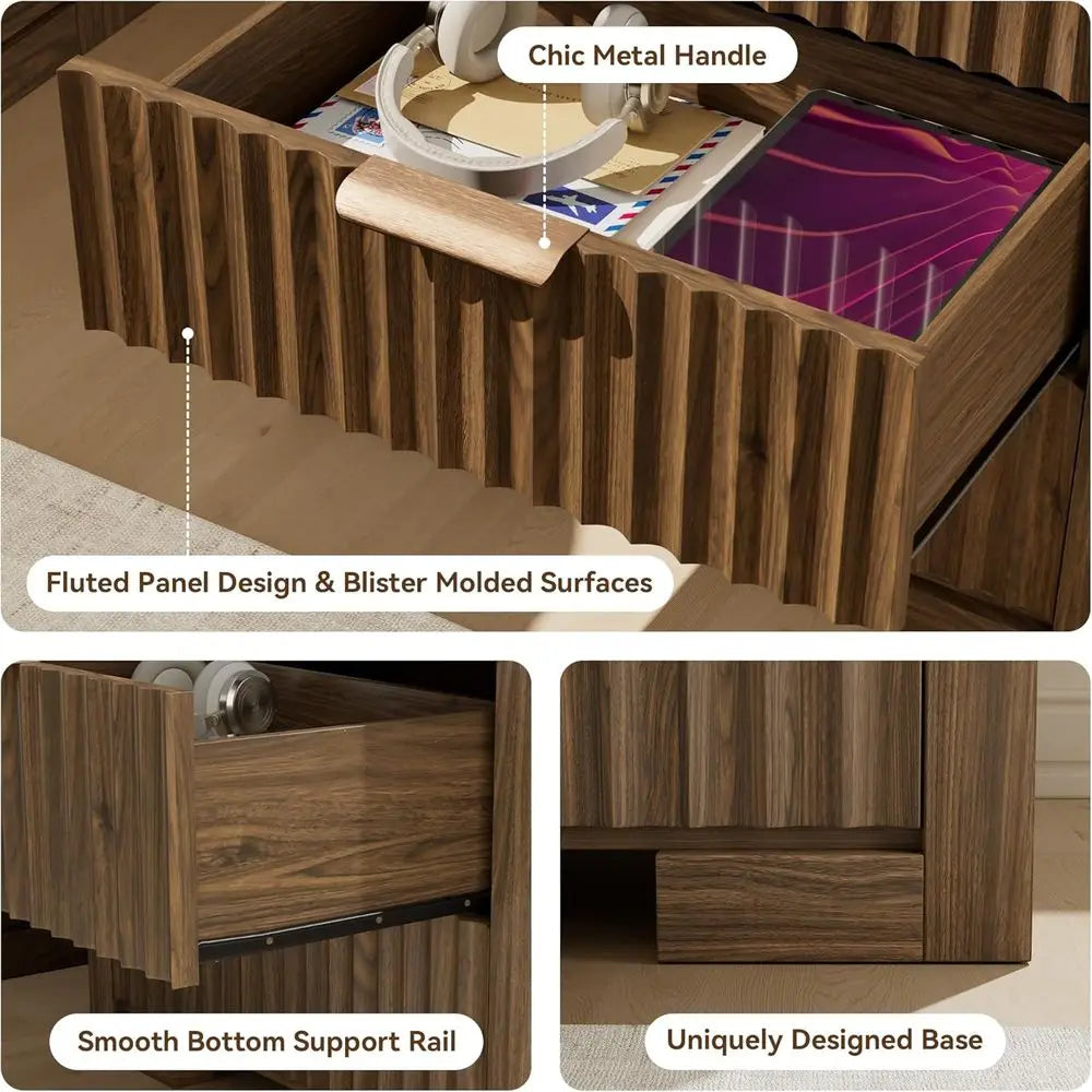 2-Piece Walnut Nightstand Set with Charging Station, 3 Drawers for Bedroom or Living Room