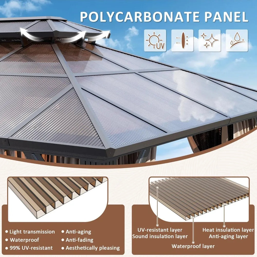Hardtop Gazebo Polycarbonate Roof Aluminum Frame Permanent Pavilion Curtains Netting Sunshade Garden Patio Lawn, Custom