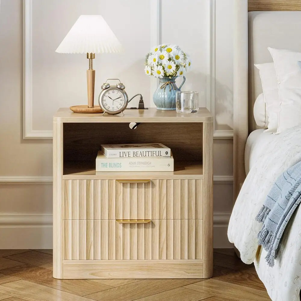 IRONCK Fluted Night Stand Set of 2, Modern Nightstand with Charging Station, Drawers and Open Shelves-Bedside Table for Bedroom