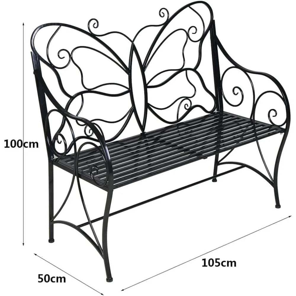 Outdoor Bench Weatherproof, Metal Antique Garden Bench Indoor/Outdoor, Double Seat with Decorative Butterfly Cast Iron Backrest