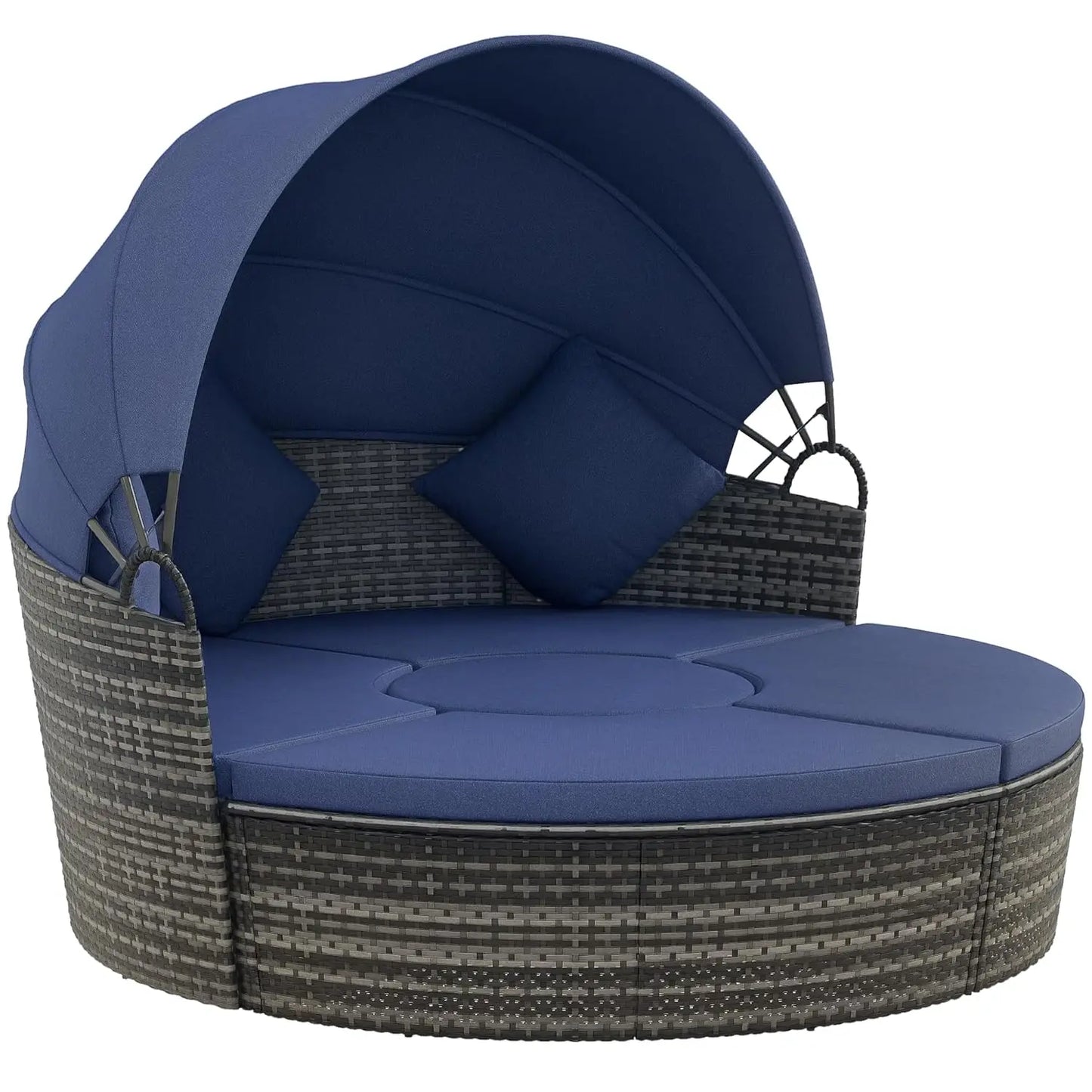 4pc Round Convertible Daybed Cushions PE Rattan Patio Sofa Adjustable Canopy Sectional 2 Chairs Table 3 Pillows, Customized