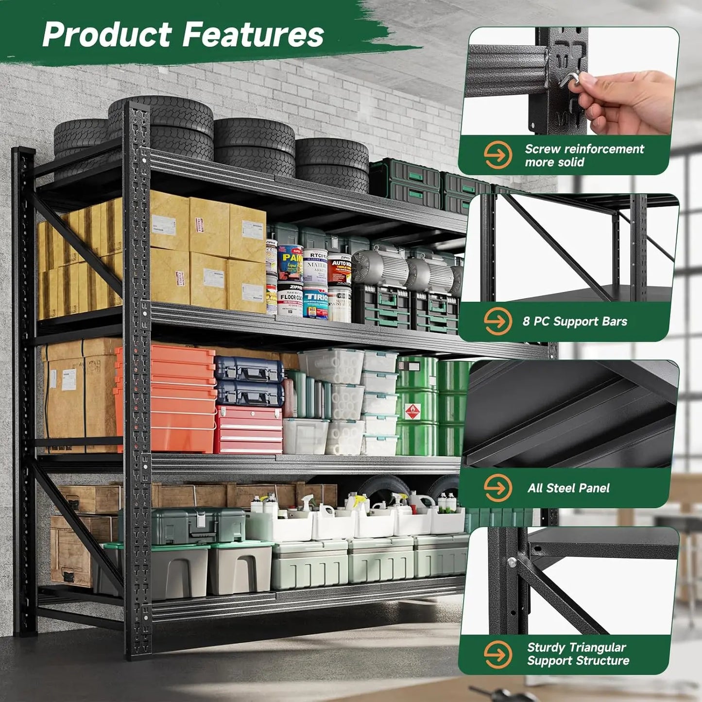 71.3" W Metal Storage Shelves,5000LBS Duty Garage Shelving Units, 4 Tier Adjustable Utility Rack Shelf(71.3" W x 24" D x 70" H)
