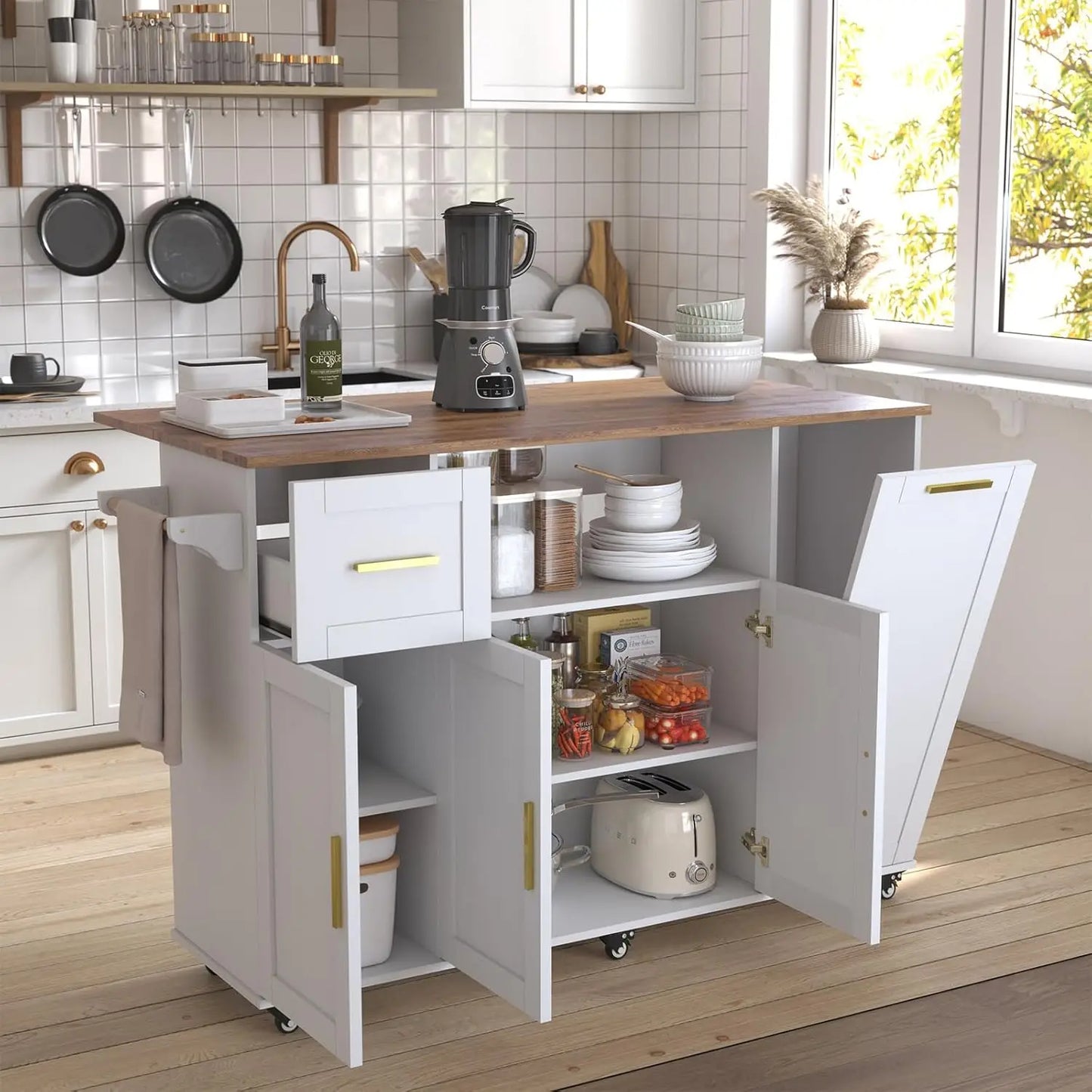 59inch Kitchen Storage Island with Drop Leaf,Rolling Mobile Island Cart on Wheels with Cabinets,Trash Bin Storage and Drawer,Ext