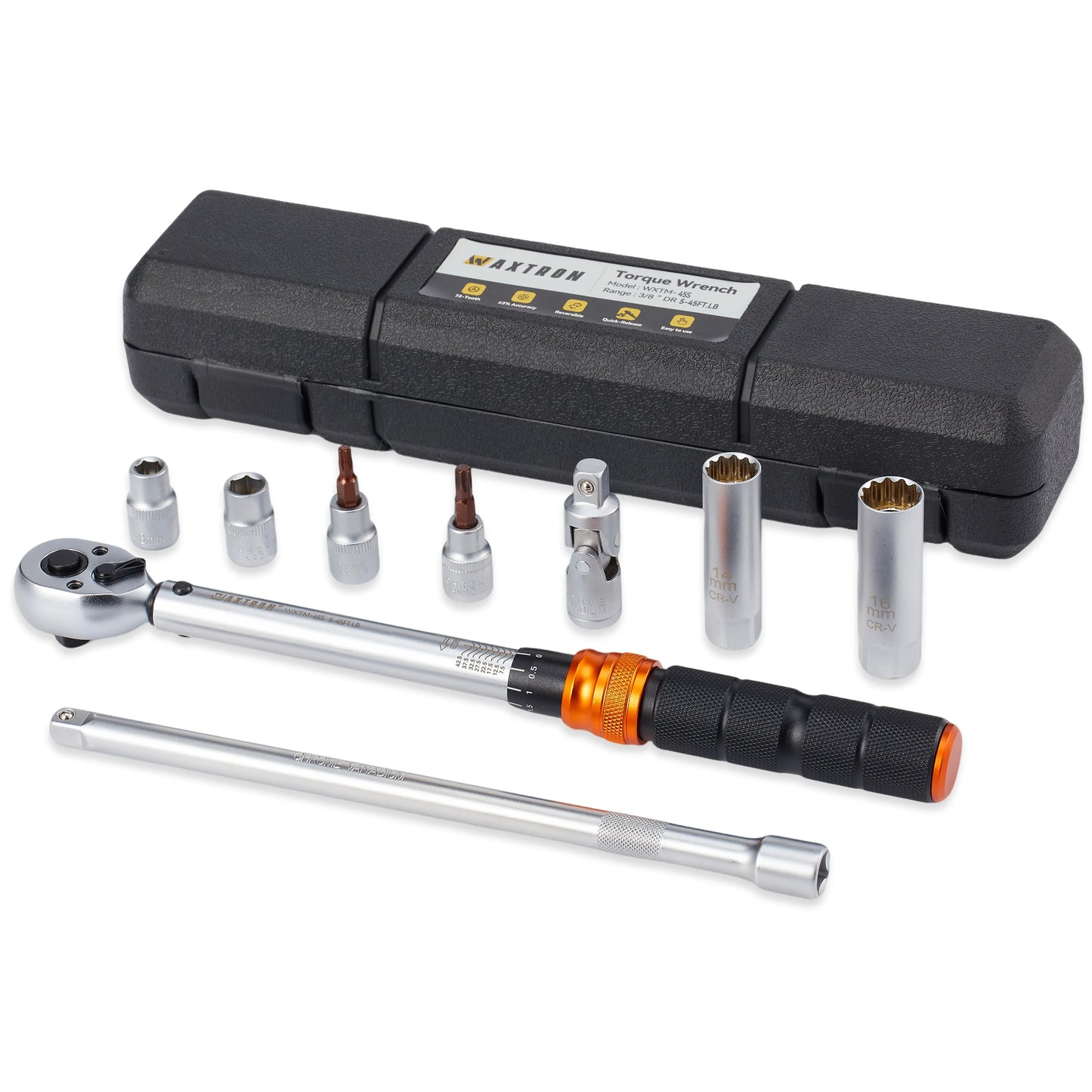 Waxtron 3/8'' Drive Torque Wrench Set 5-45ft.lb Professional Spark Plug Torque Wrench 9PCS For Car Repair Kit Hand Tools
