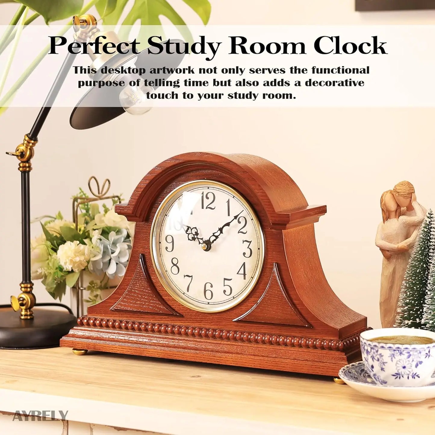 Vintage Desk Clock Wooden Frame Hour Quarter Chime Battery Operated Living Room Decor