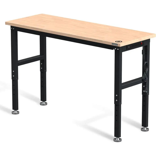 60 Heavy-Duty Adjustable Workbench with Rubber Wood Top, 2000 LB Load Capacity, Power Outlets for Workshop or Garage