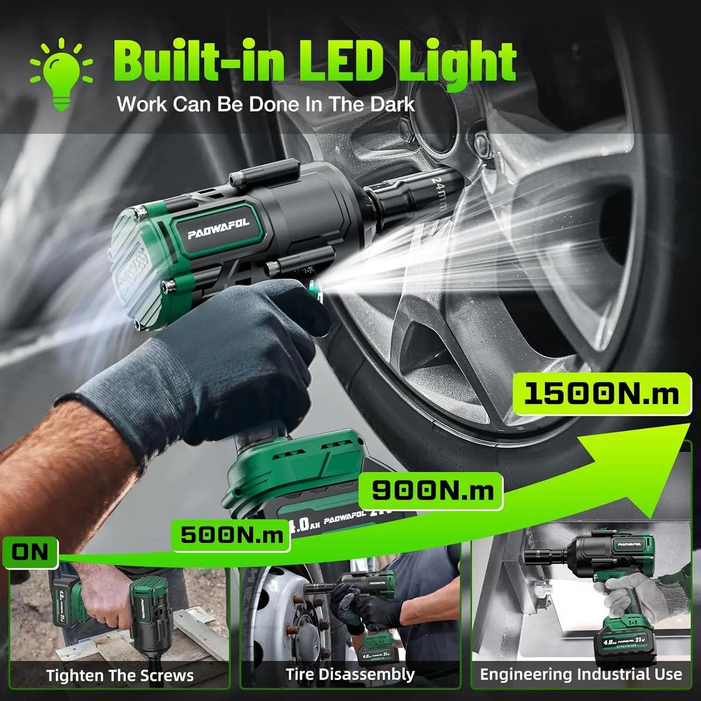 High Torque Impact Wrench 1500N.m 1/2 Brushless, Cordless Impact Gun with 2x4.0Ah Battery & Fast Charger, for Car Truck Tire