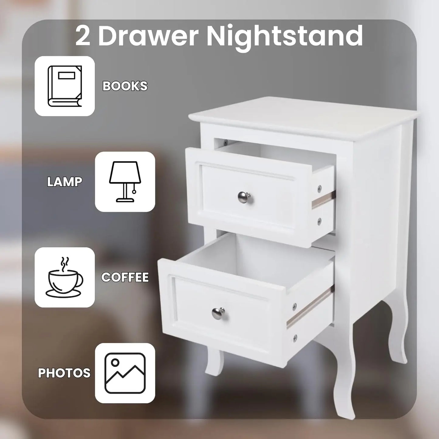White Nightstand Set of 2. Farmhouse End Side Table Set of 2 Bedside Nightstands Chest with Drawers Small Night, Customized