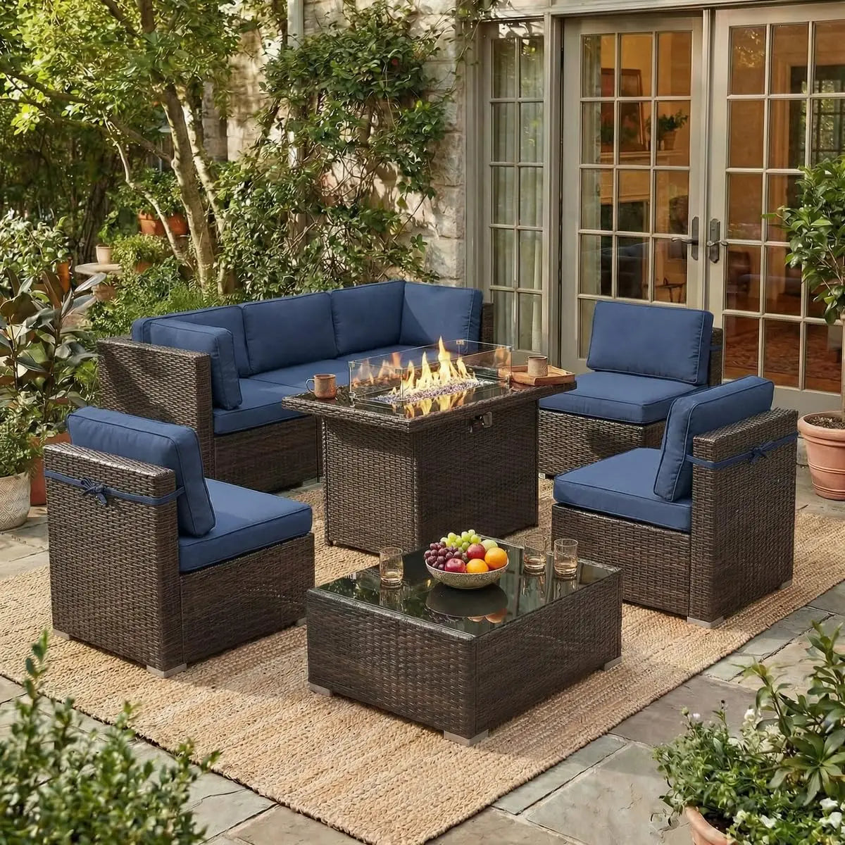 8 Piece Patio Furniture Set with Fire Pit Table, Outdoor Conversation Sets Wicker Rattan Sectional Sofa with Coffee, Custom
