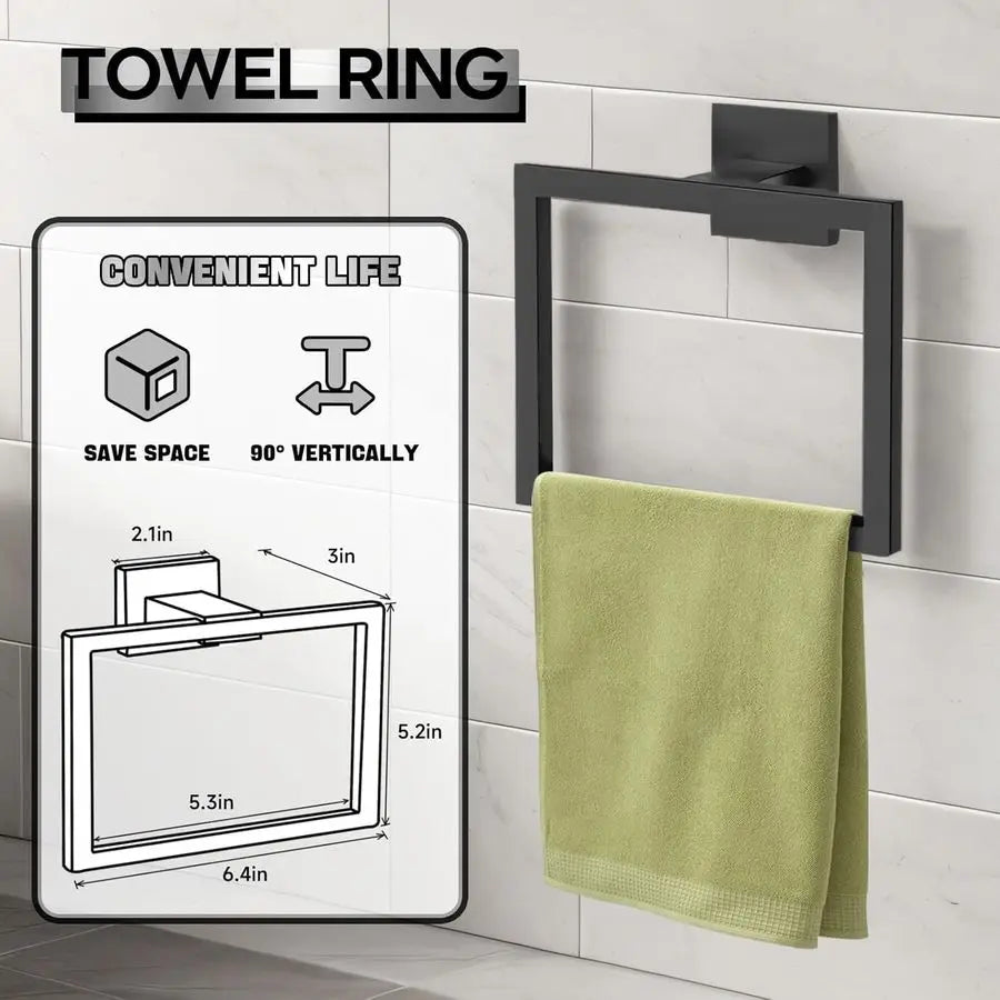 Matte Black Bathroom Hardware Accessories Set Including 23.6 Inch Bath Towel Bar, Towel Rings, Bath Toilet Paper Holders, Robe