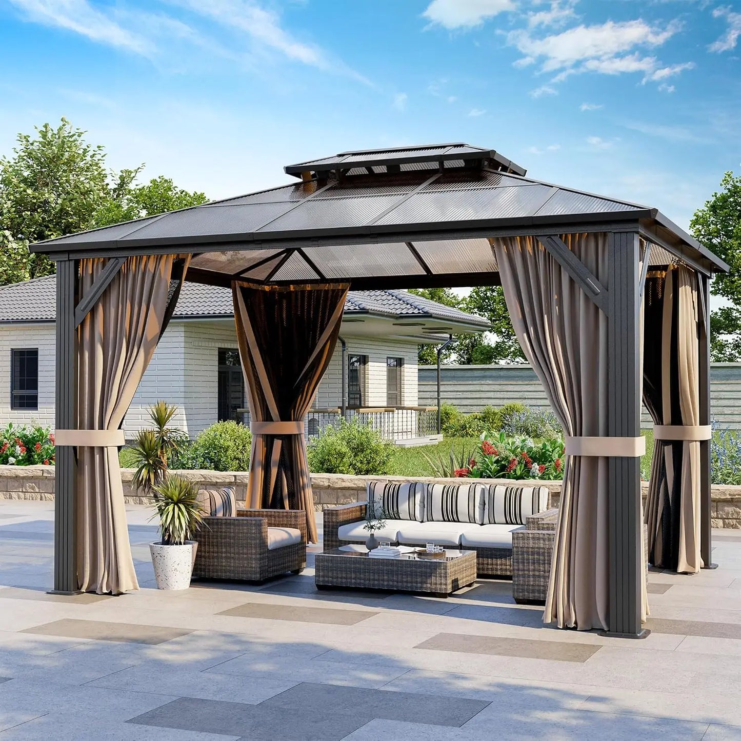 Hardtop Gazebo Polycarbonate Roof Aluminum Frame Permanent Pavilion Curtains Netting Sunshade Garden Patio Lawn, Custom