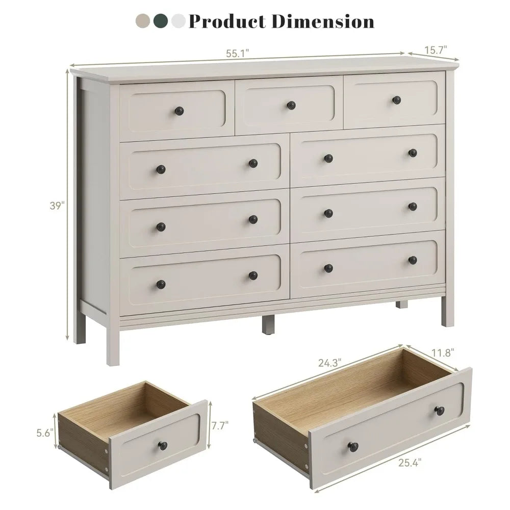 9-Drawer Dresser with Metal Handles Deep Drawers Large Wood Chest Bedroom Living Room Hallway, Custom