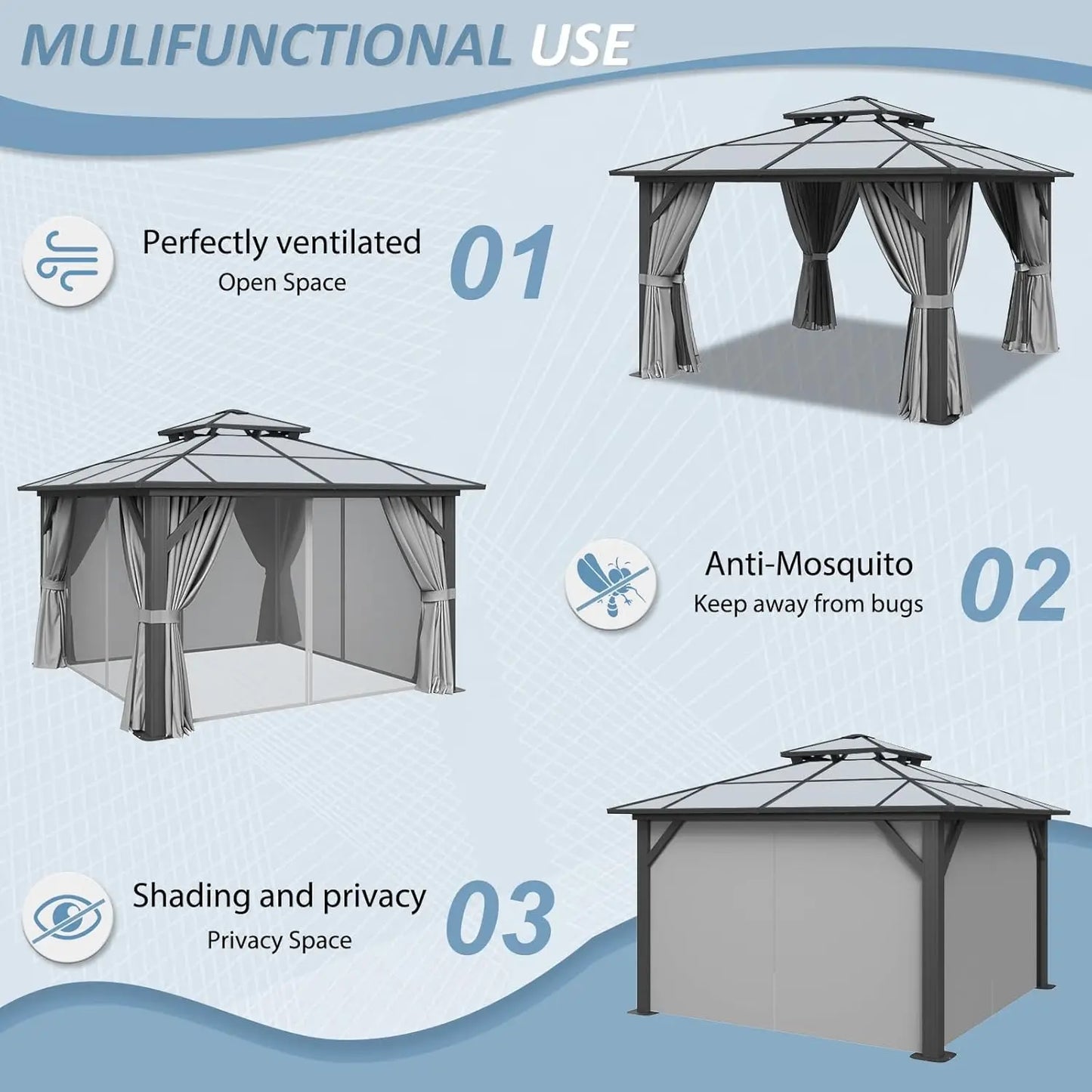12'x12' Hardtop Gazebo, Permanent Aluminum-Framed Pavilion with Curtains & Mesh Screens, Featuring a Double-Layered