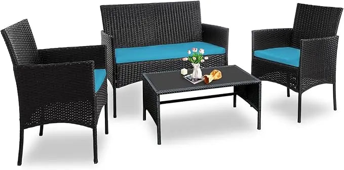 4 Piece Outdoor Wicker Patio Conversation Furniture Set, Rattan Chair Wicker Sofa Garden Conversation Sets with Cushion and Gla