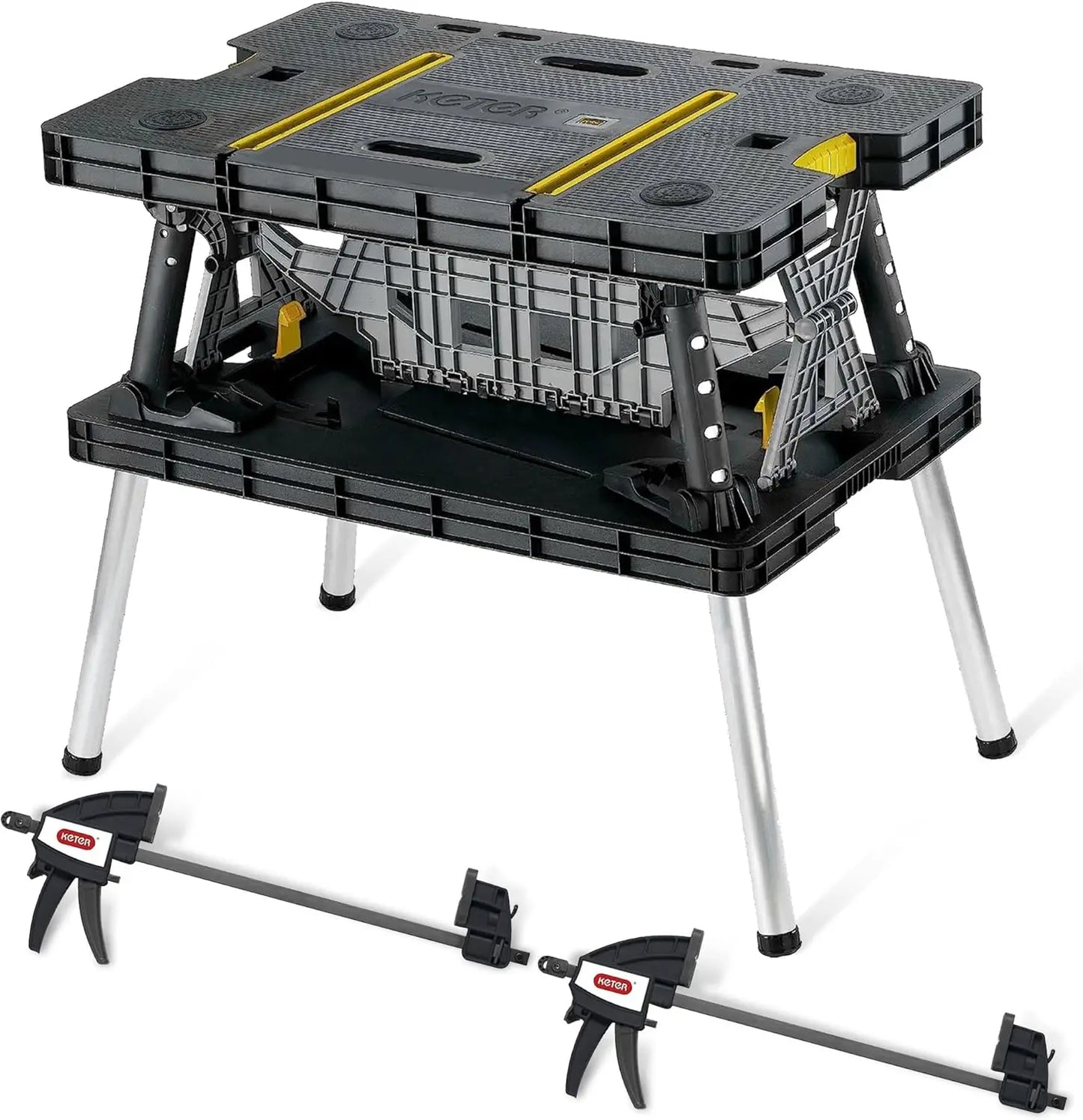 2-in-1 Portable Folding Work Table as Sawhorse & Workbench, Adjustable Height, Large Load Capacity with Clamps
