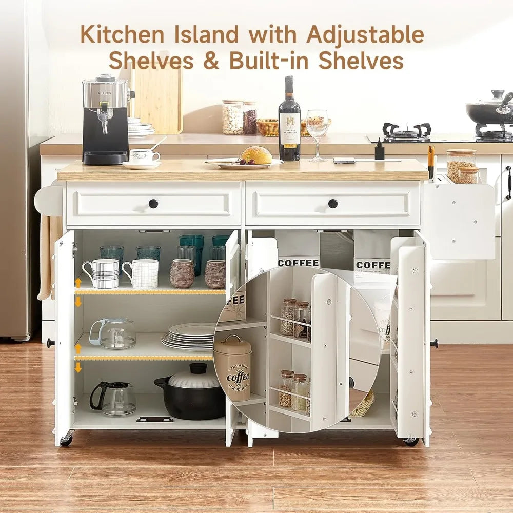 58" Mobile Kitchen Island Cart with Power Outlet, Storage Drawers, Spice Rack & Wheels