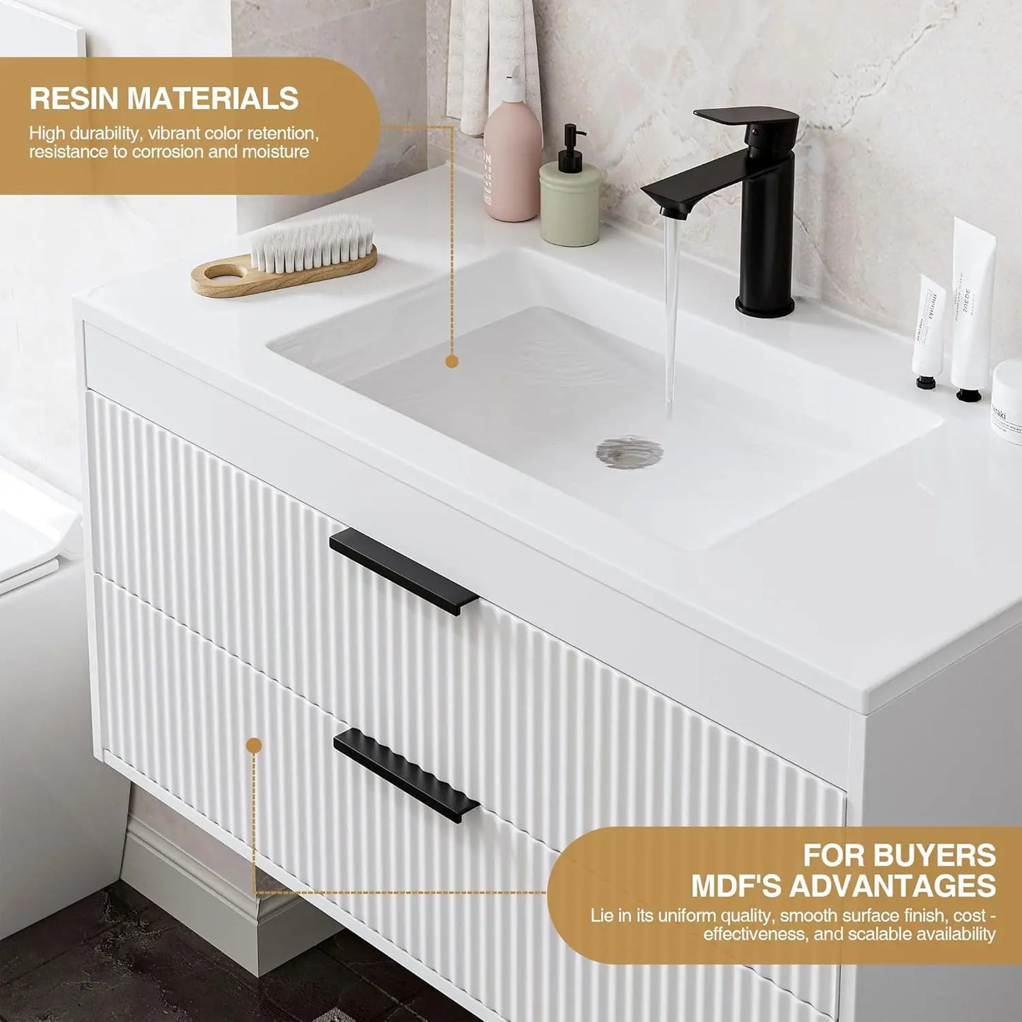36 Inches Modern MDF Bathroom Vanity with Sink, Wall Mounted Floating Cabinets w/Double Drawers, Black Handles,, Customized