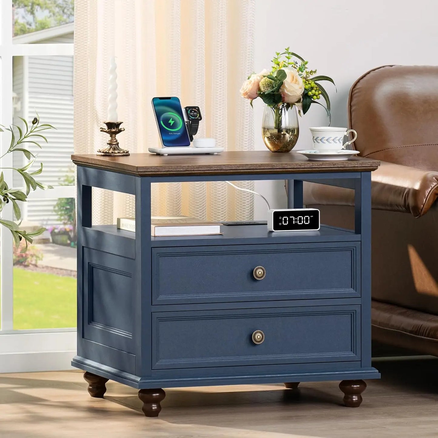 24" Wide Farmhouse Wood Nightstand Charging Station 2 Drawers Bedroom End Table, Custom
