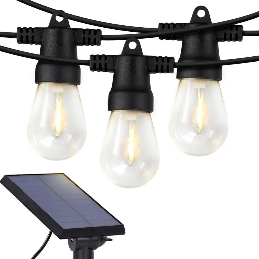 Ambience Pro Solar Powered Outdoor String Lights, 48 ft Commercial Grade Waterproof Patio Lights, 15 Edison Bulbs, Shatterproof