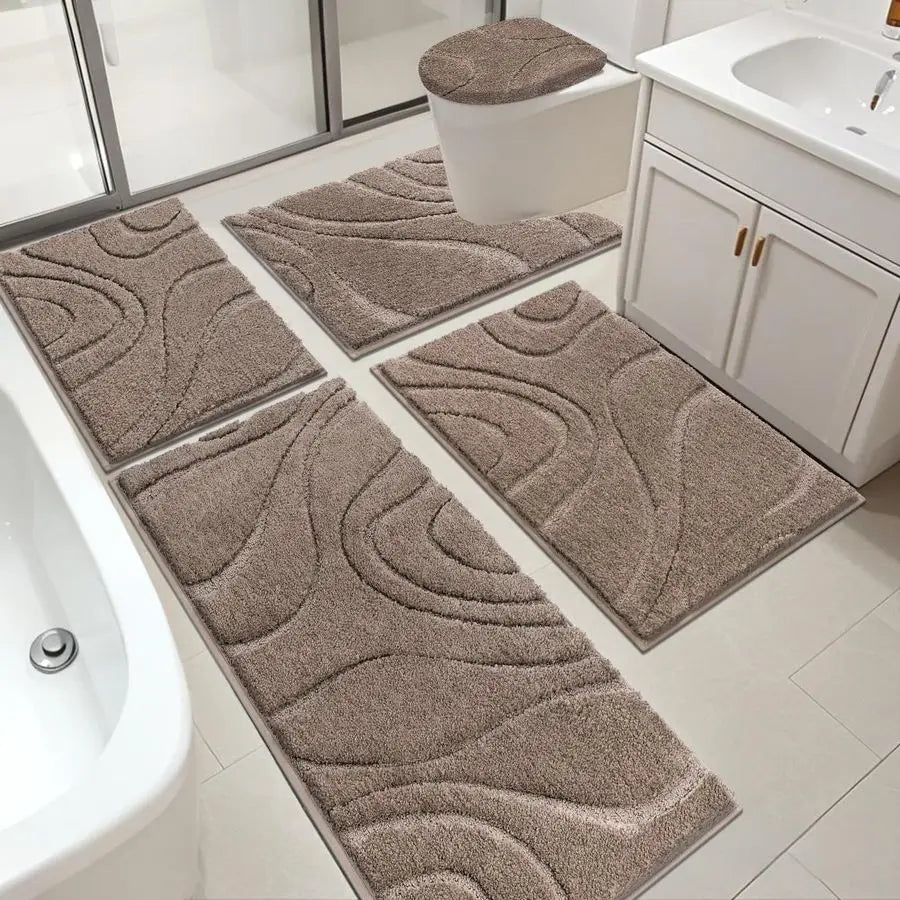 Bathroom Rugs Sets 5 Piece, Soft Absorbent Microfiber Bath Mat for Bathroom, Non Slip Washable Bath Rug Set with Toilet Cover, B