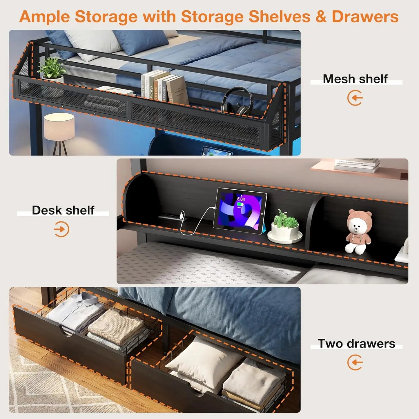 Queen Over Queen Bunk Bed Storage Drawers Guardrail Basket Charging Station LED Loft Teens Dorm Noise-Free Customized