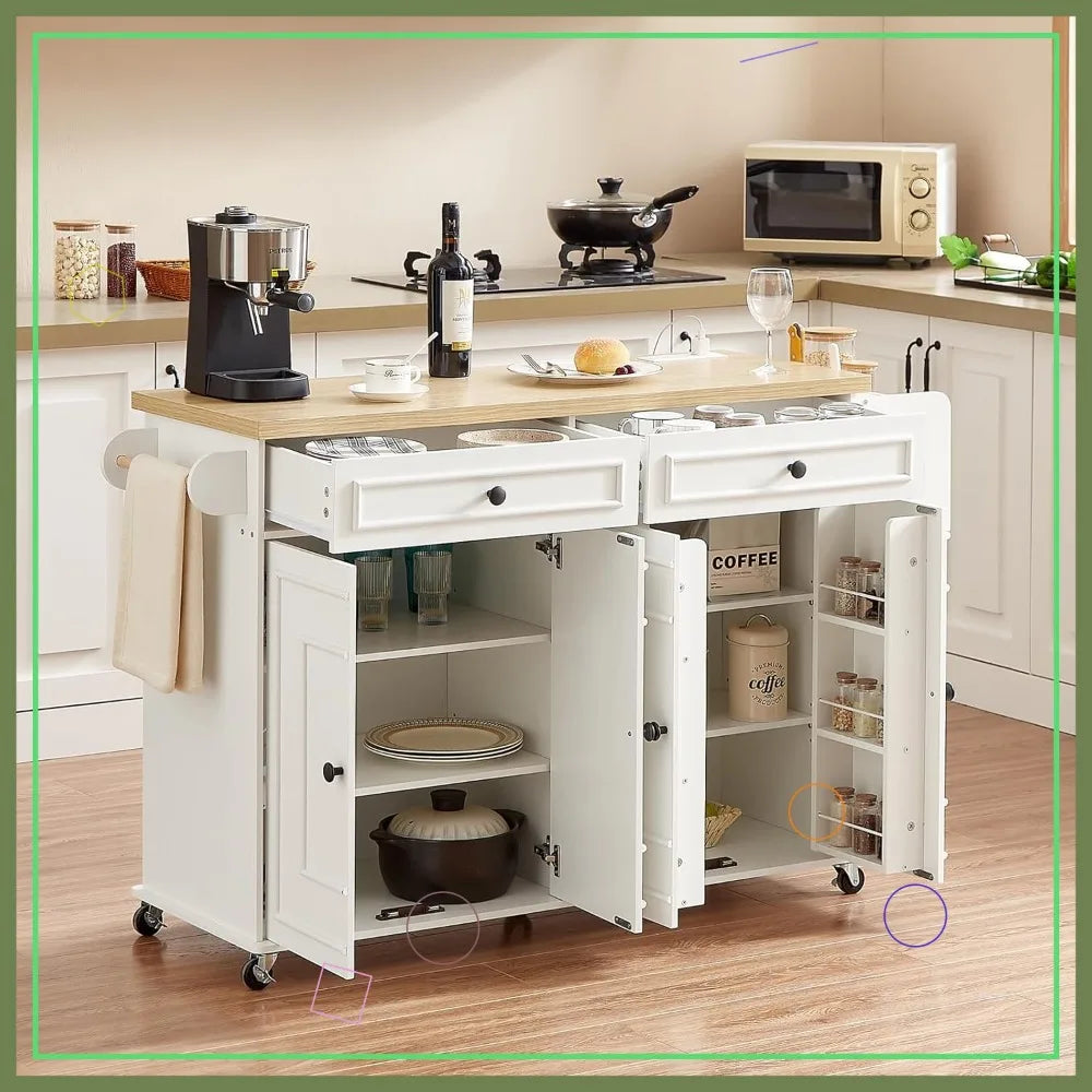58" Mobile Kitchen Island Cart with Power Outlet, Storage Drawers, Spice Rack & Wheels