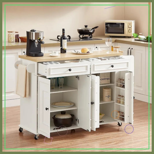 58" Mobile Kitchen Island Cart with Power Outlet, Storage Drawers, Spice Rack & Wheels