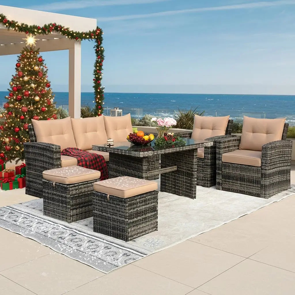 6 Pieces Patio Furniture Set - All-Weather Outdoor Wicker Sectional Conversation Sofa, Rattan Patio Seating Sofa, Customized