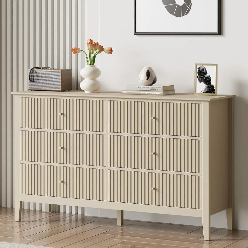 Modern Fluted 6-Drawer Beige Wood Dresser with TV Stand Storage for Bedroom and Living Room,Customized