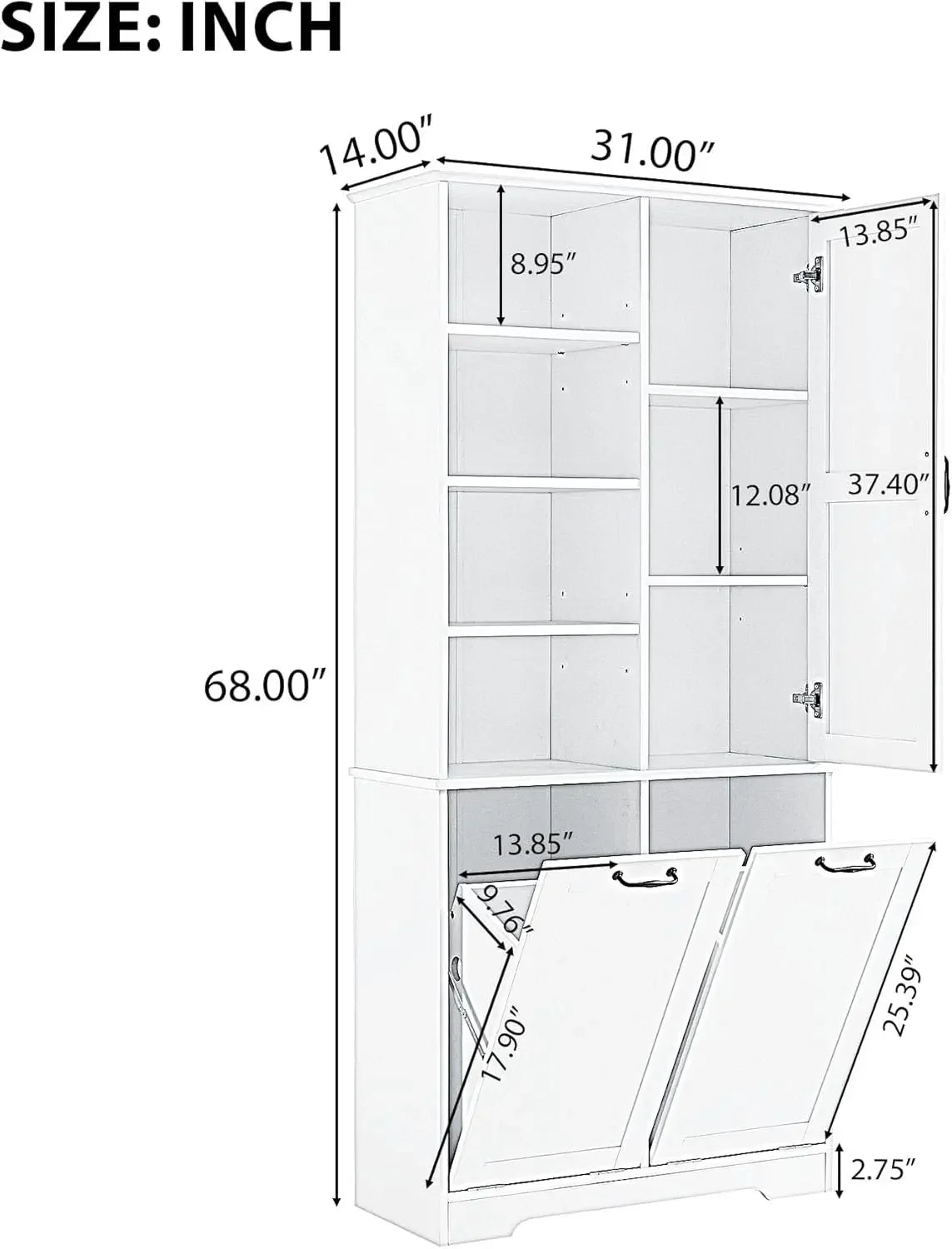 68” Tall Bathroom Storage Cabinet with 2 Tilt Out Laundry Hamper, Freestanding Bathroom Storage Cabinet with Door and Adjustable
