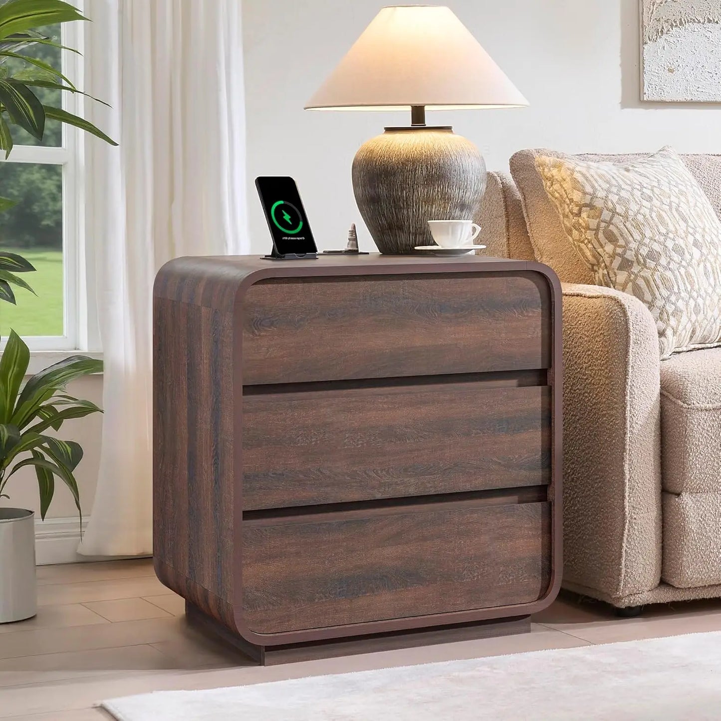 Walnut Curved Nightstand Set of 2, 23.2" Wide Wood Bedside Table with Charging Station, 3 Storage Drawers Night, Customized