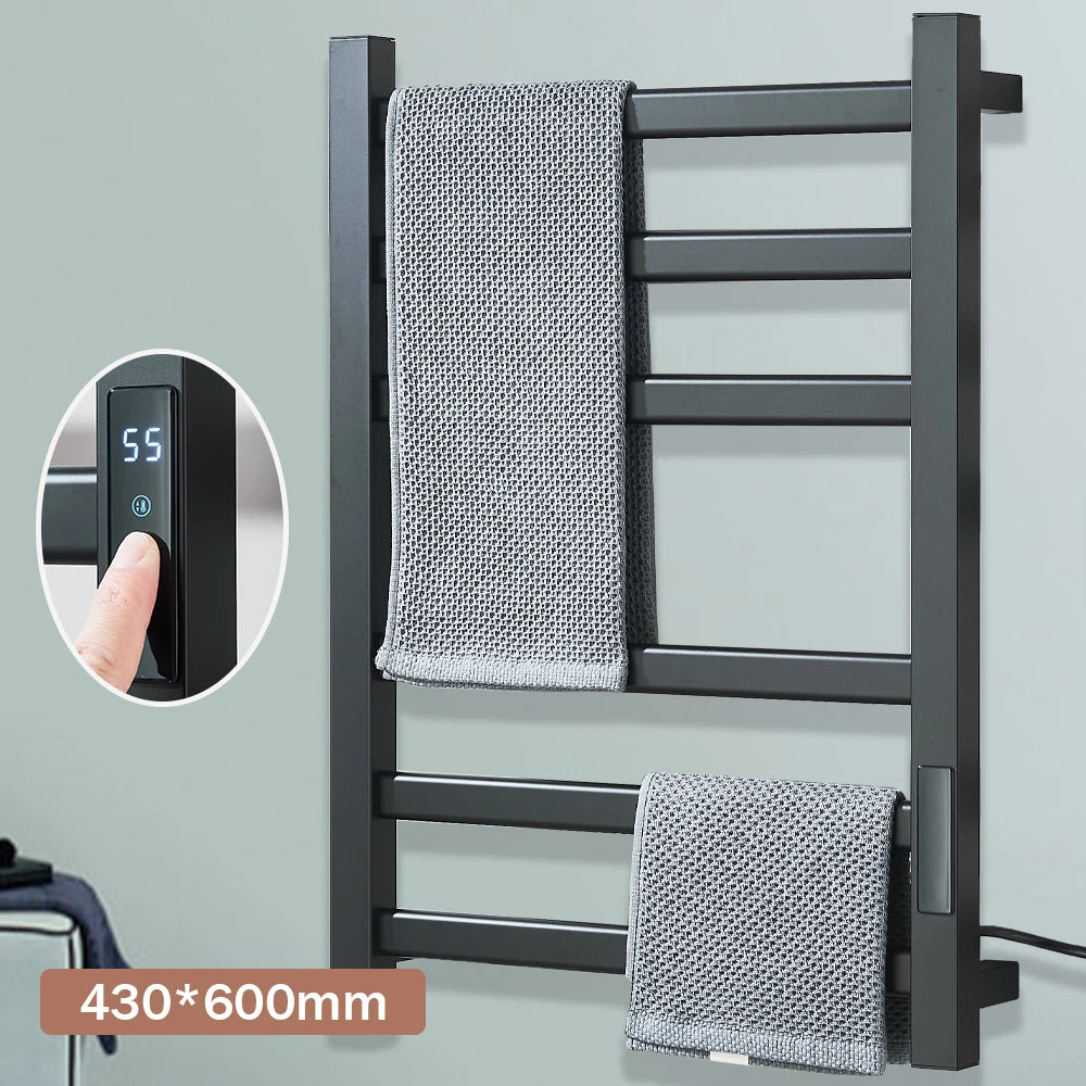 Black Bathroom Electric Heated Towel Rack with Digital Display Touch Thermostatic Dry Towel 304 Stainless Steel Heater
