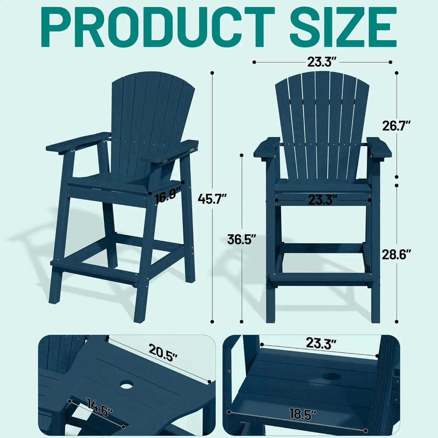 Tall Adirondack Chair Set HDPE All Weather Bar Height Double Connecting Tray Umbrella Hole Balcony Patio Backyard Navy, Custom