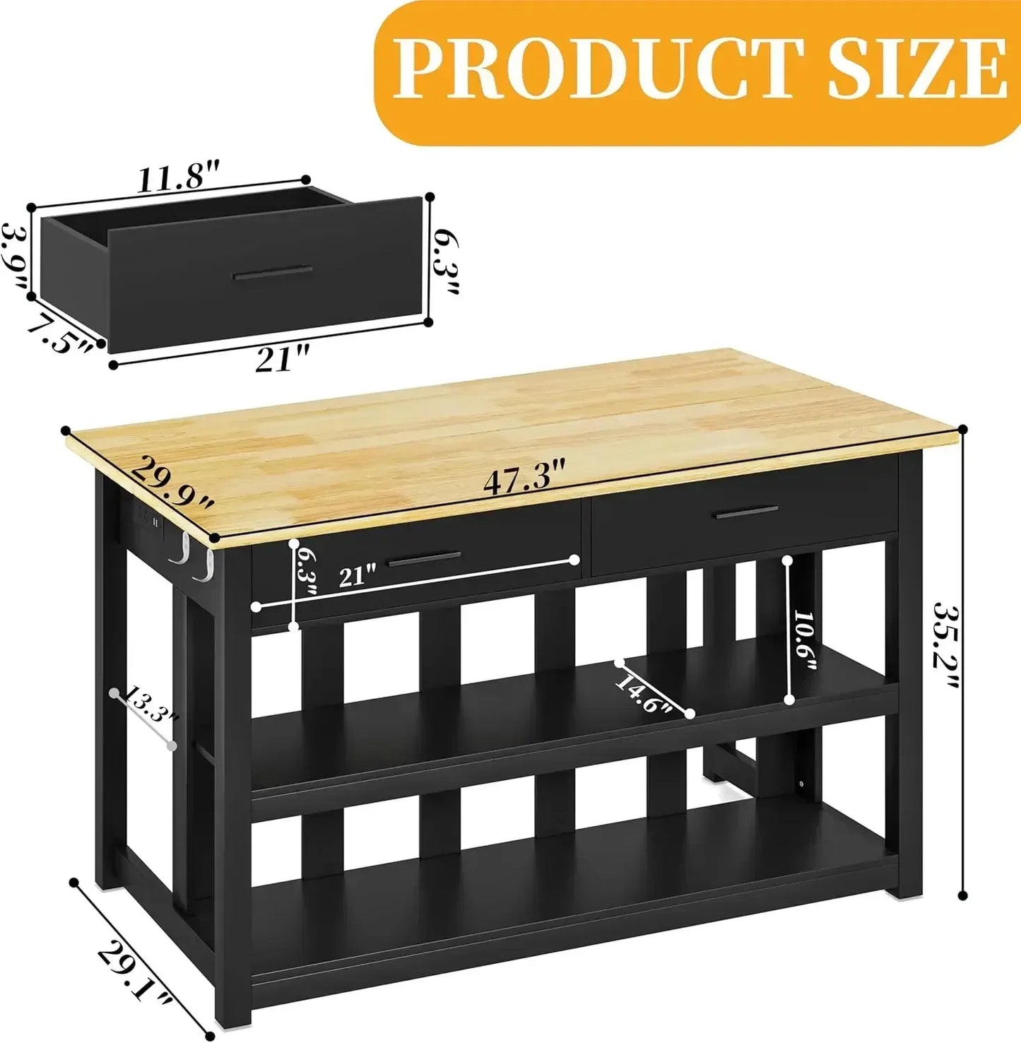 BestsellerBestsellerBestsellerBestsellerModern Essential 47.3" Solid Rubberwood Kitchen Island with Power Outlets - Extra Large