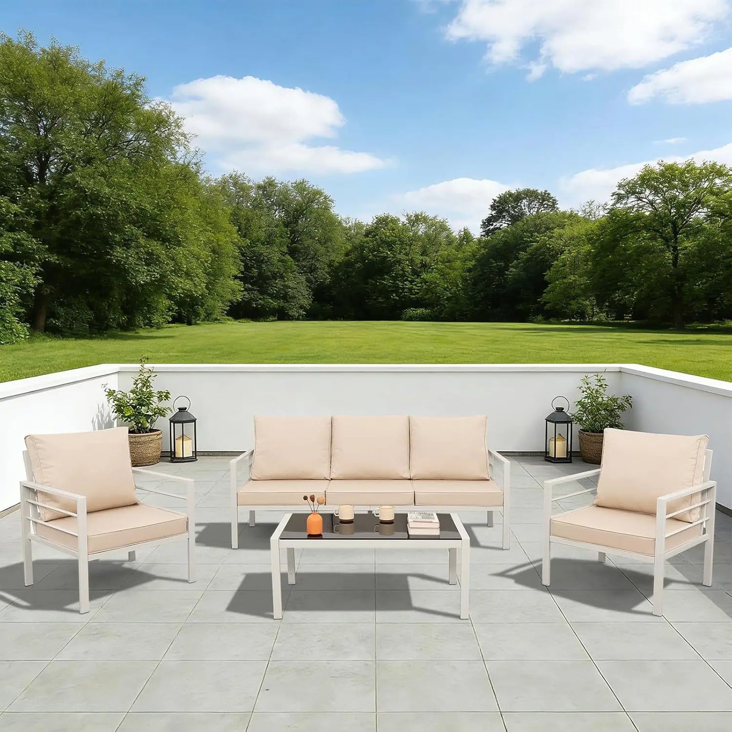 4-Piece Patio Furniture Set White Outdoor Metal Frame Sofa with High Backrest Seating Glass Coffee Table All-weather, Custom