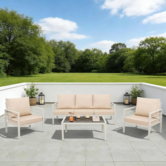 4-Piece Patio Furniture Set White Outdoor Metal Frame Sofa with High Backrest Seating Glass Coffee Table All-weather, Custom
