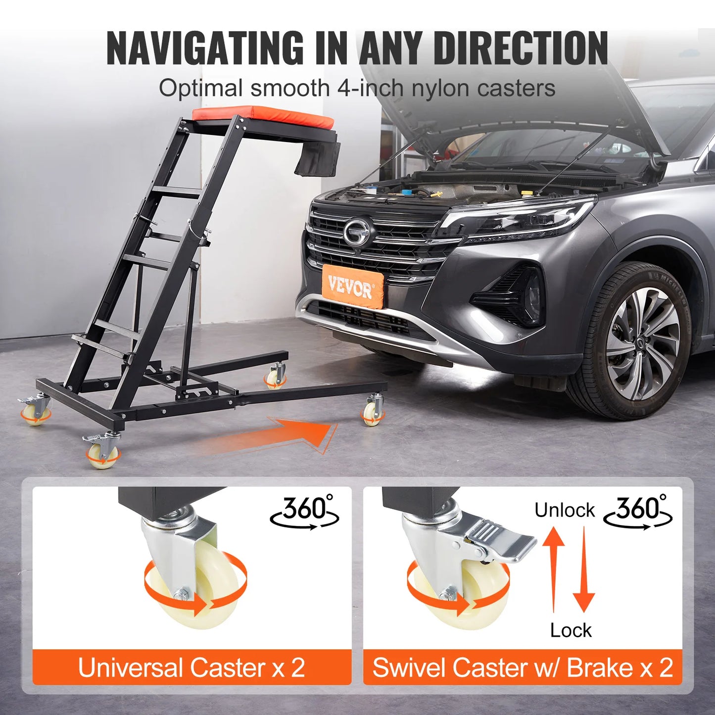 SucceBuy Automotive Top Creeper Engine Creeper Adjustable Height 400 LBS High Top Creeper 4 Swivel Caster Wheels for Auto Repair