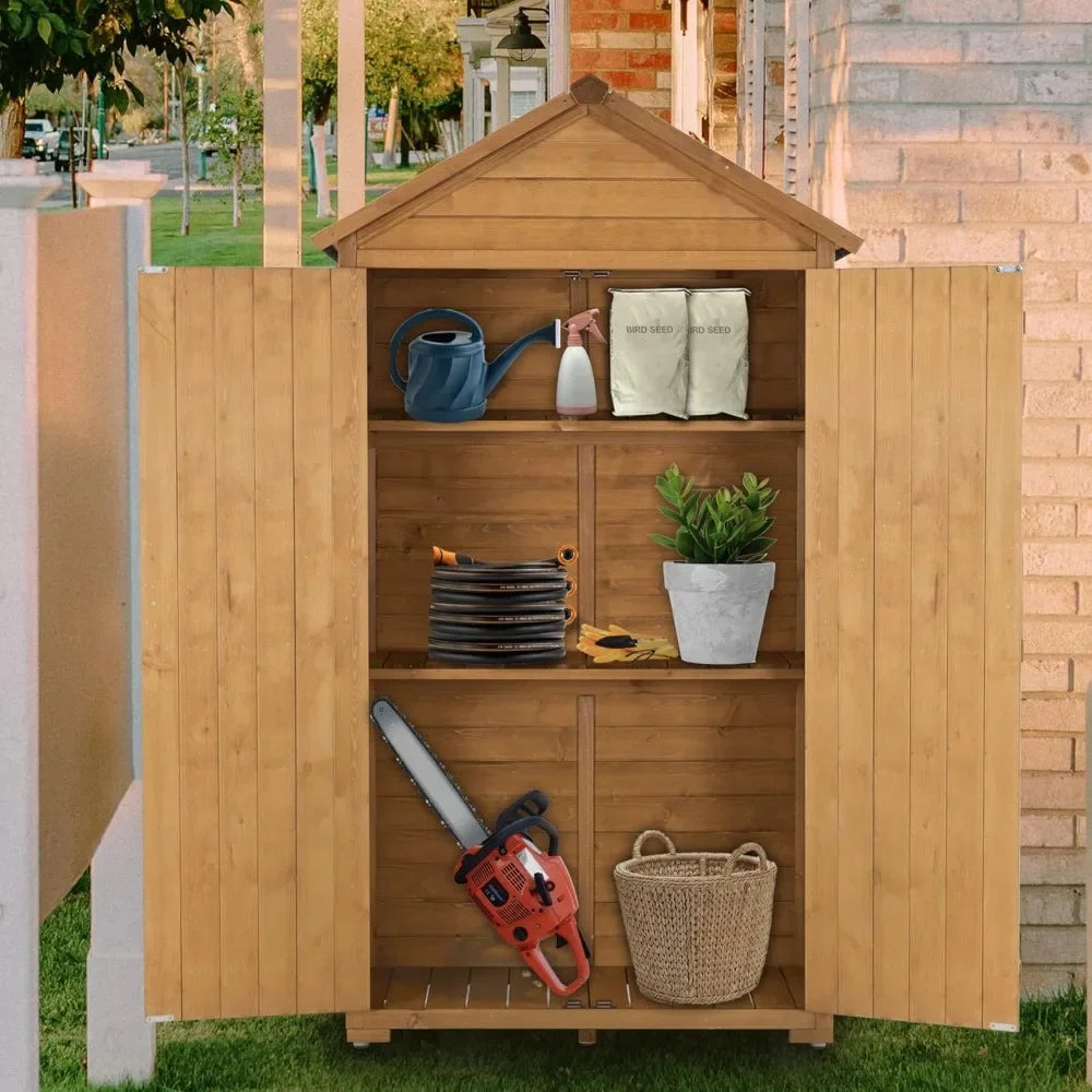 Outdoor Storage Cabinet with 2 Shelves, Outside Storage Shed with Floor, Wooden Garden Tool Shed with Latch for Yard Deck Lawn