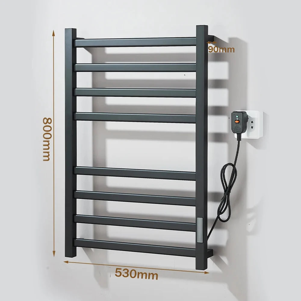 Black Bathroom Electric Heated Towel Rack with Digital Display Touch Thermostatic Dry Towel 304 Stainless Steel Heater