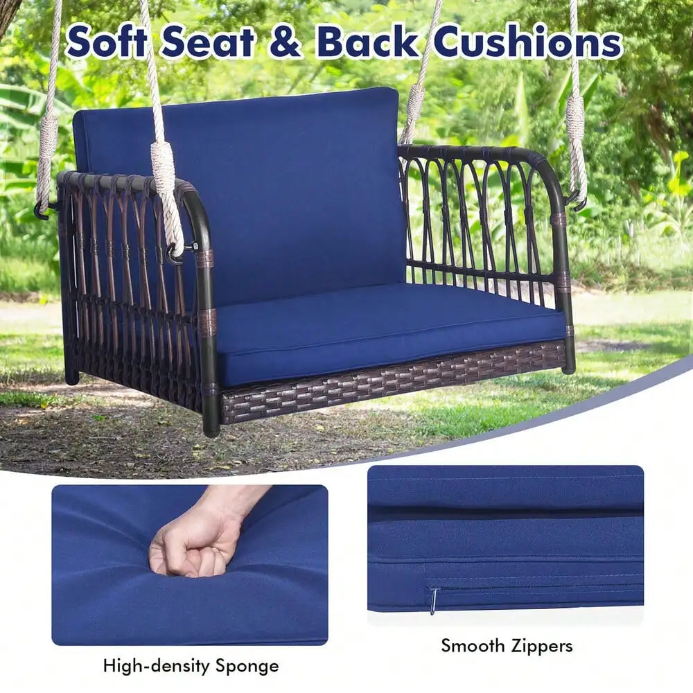 Patio Rattan Porch Swing Single Person Hanging Seat w/Seat & Back Cushions